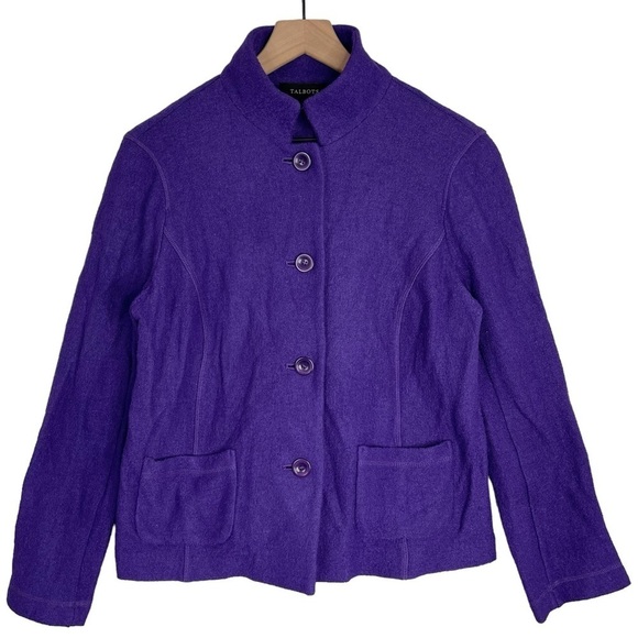 Talbots Boiled Wool Utility Jacket Medium Purple Stand Collar Button Up Stretch - Picture 1 of 11